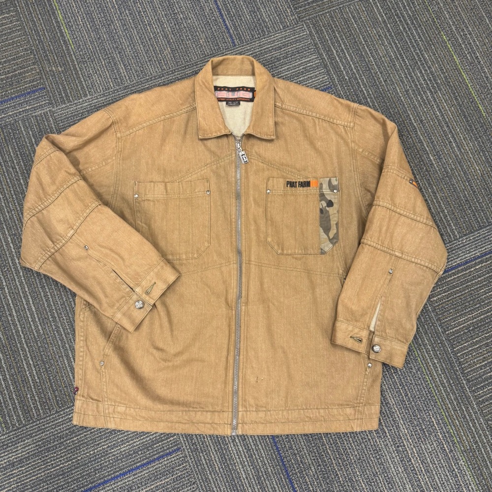 Phat Farm Sport Utility Garments Zip Up Jacket Mens XL Beige Camo Pocket
